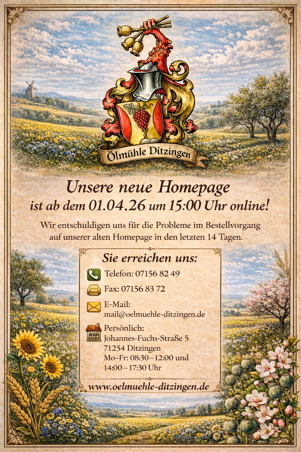 Ölmühle Ditzingen – Hinweis zur neuen Homepage